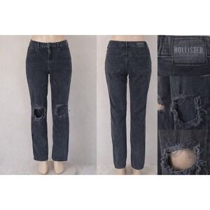 Hollister High Rise Straight Leg Distressed Ripped Jeans Faded Black Women 22x29
